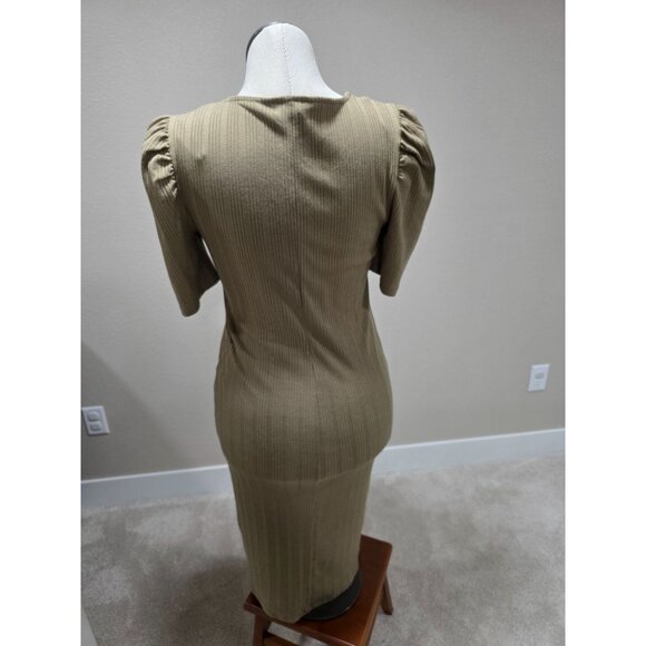 Ribbed Puff Sleeve Midi Dress With V-Neckline In Olive Green - Picture 7 of 8